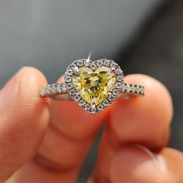 14K Halo Set Canary Yellow Heart Cut lab Grown Engagement Ring | Bezel Setting | IGI Certified