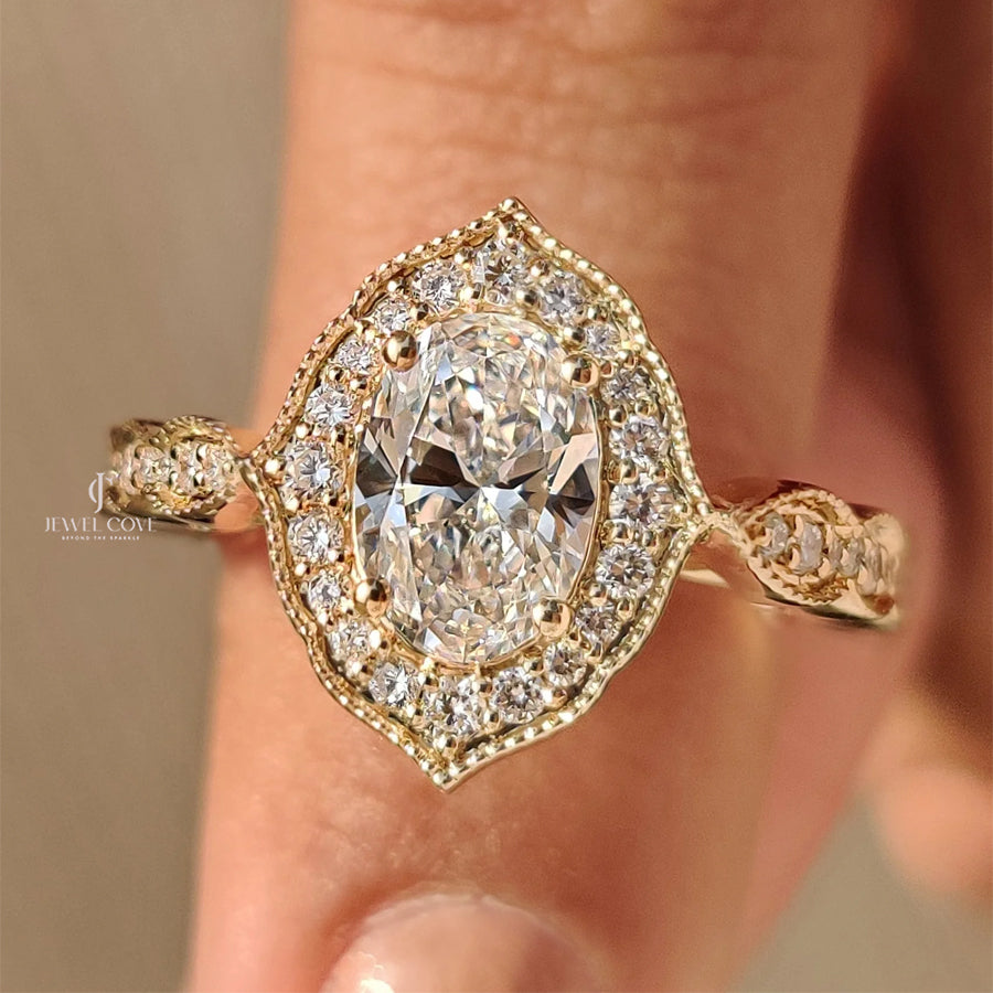 Vintage Oval Cut Diamond Ring in Milgrain Setting | Lab Grown Diamonds | IGI Certified