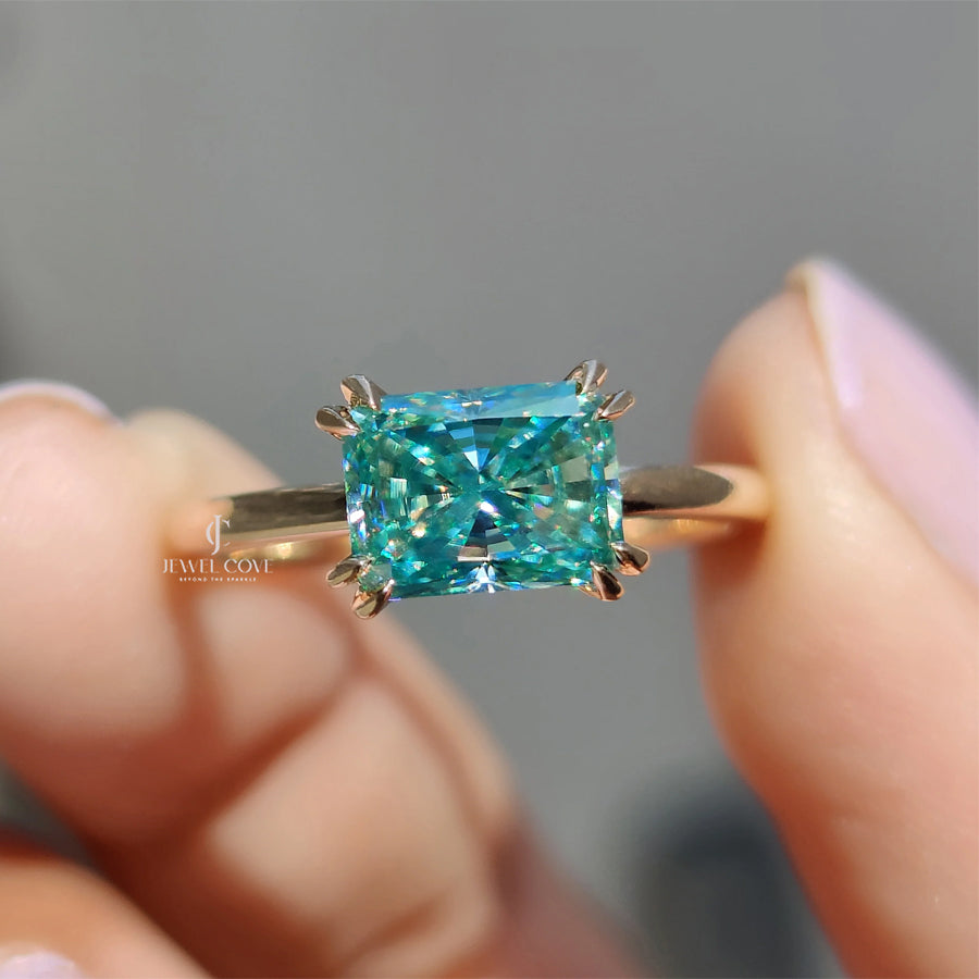 East- West Radiant Blue Lab Grown Engagement Ring Solitaire Style | IGI Certified | 14K White Gold