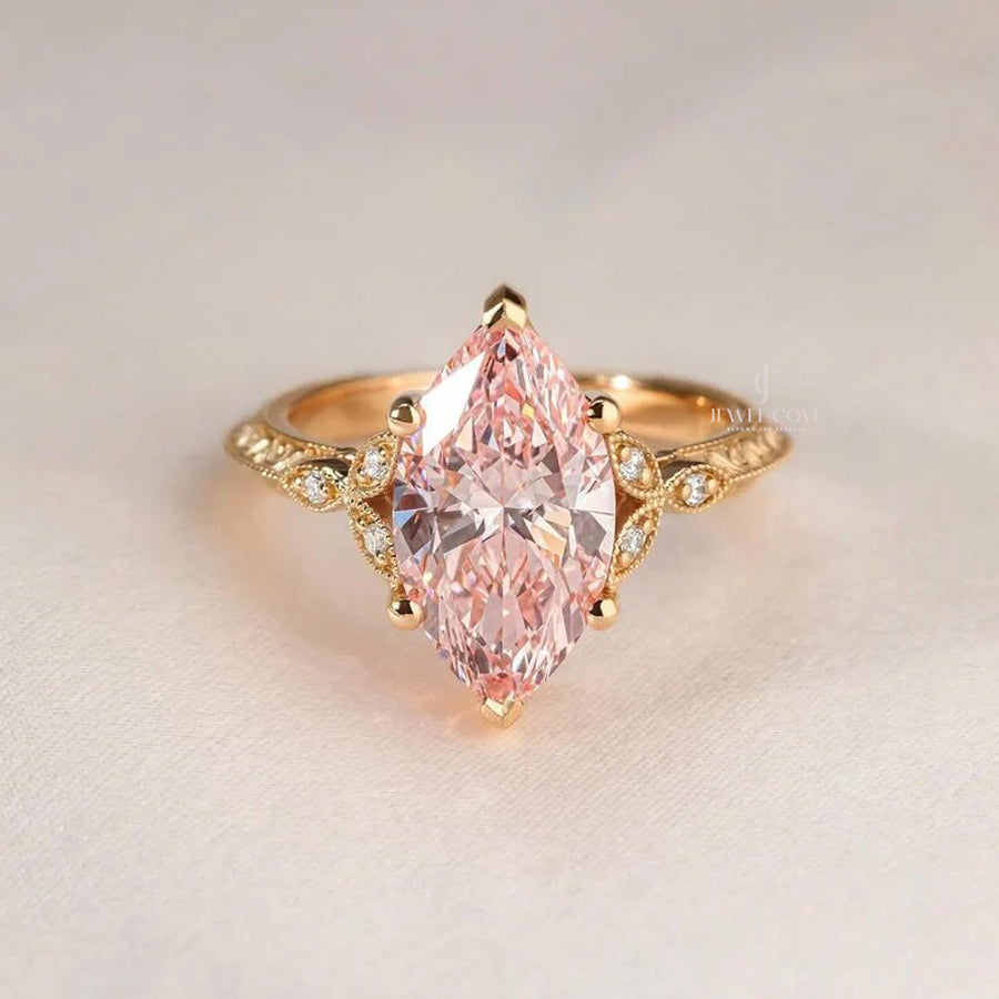 Fancy Pink Marquise 3.10tcw Moissanite Diamond Vintage Engagement Ring | IGI Certified