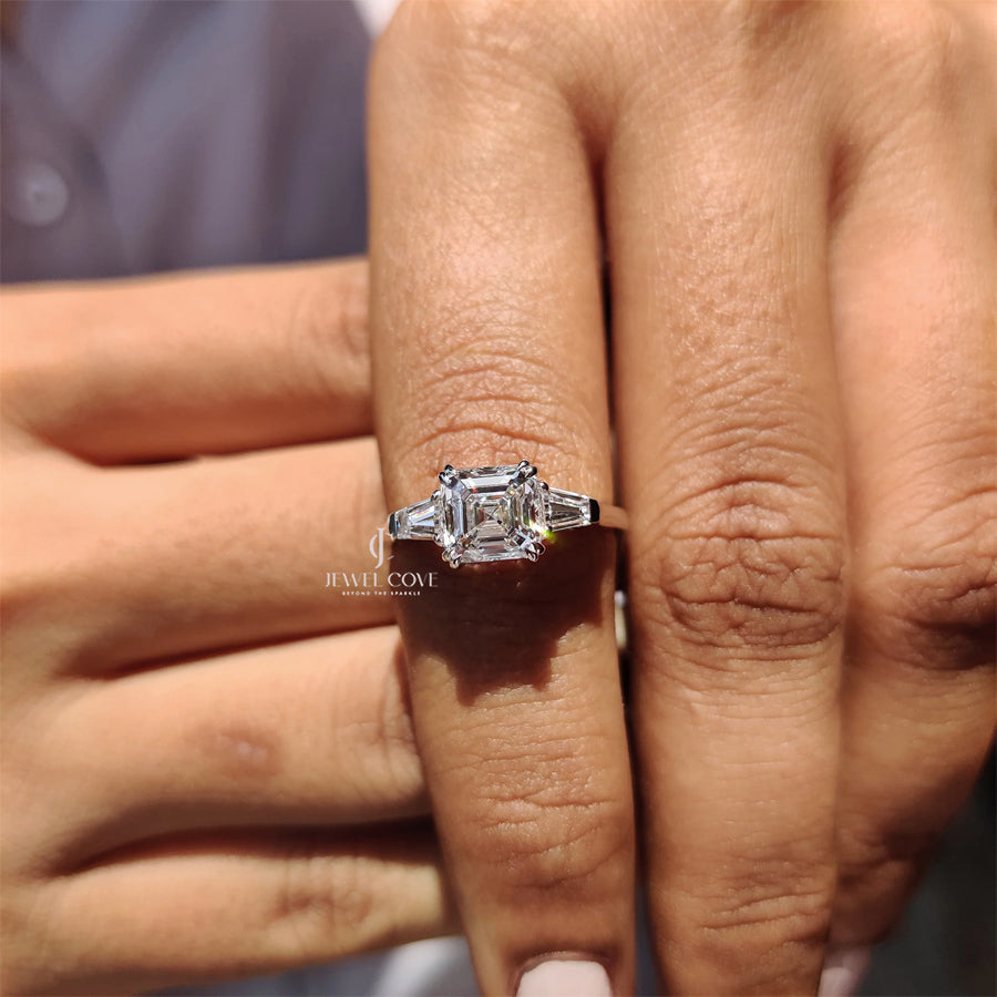 3 Stone Engagement Ring With Asscher and Baguette | Lab Grown Diamonds | IGI Certified