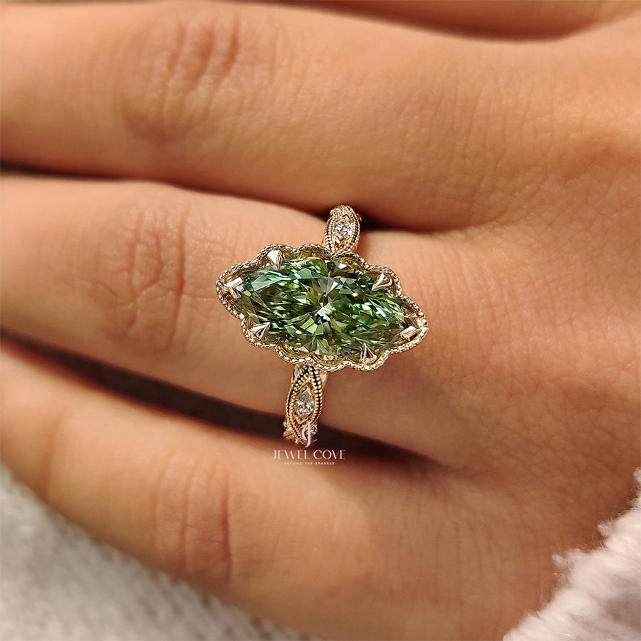 14K Vintage Green Marquise with Round Hidden Halo Flower Crown | Lab Grown Diamonds | IGI Certified