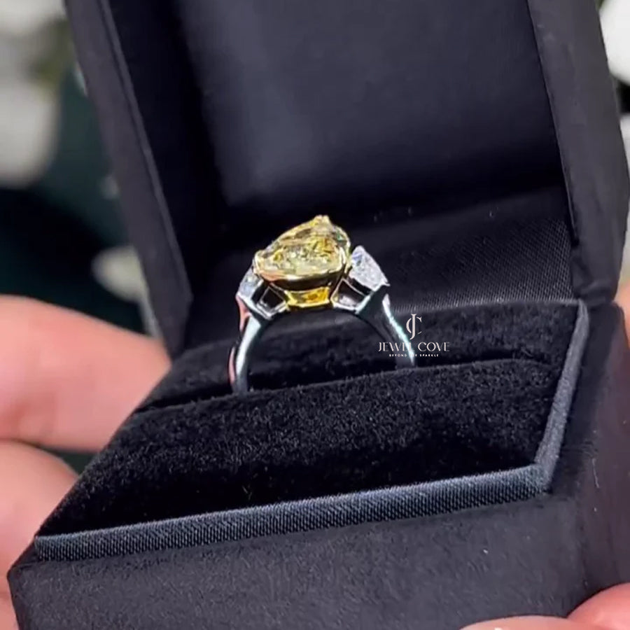 Pear Fancy Yellow 5.00tcw Lab Diamond Two Tone Three Stone Ring | Cathedral Setting | VVS–VS