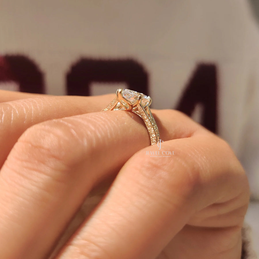 Marquise Cut Vintage Diamond Ring with Filigree Details | Lab Grown Diamonds | IGI Certified