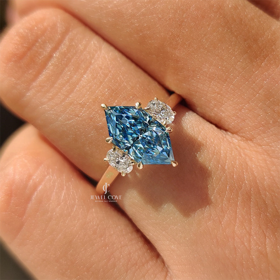 Blue Dutch Marquise Trilogy Engagement Ring with Oval Side Stones | Lab Grown Diamonds | IGI Certified