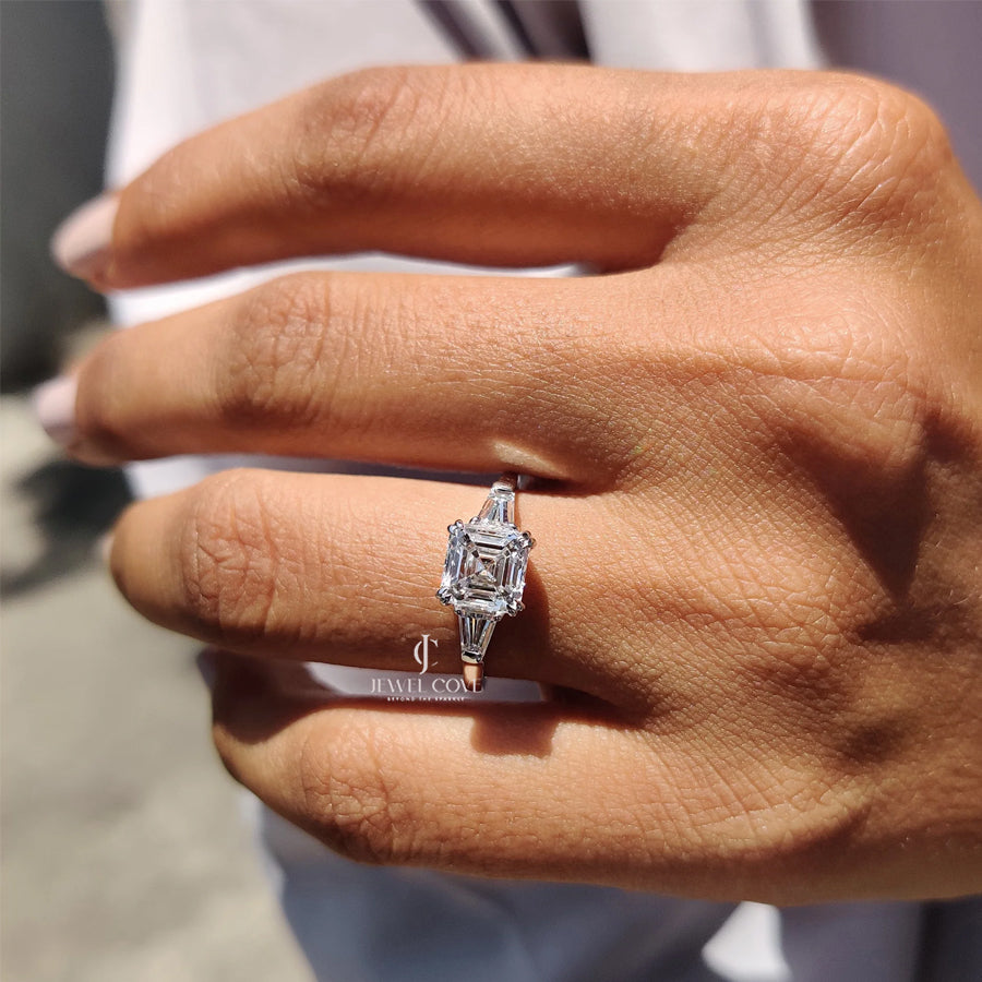 3 Stone Engagement Ring With Asscher and Baguette | Lab Grown Diamonds | IGI Certified