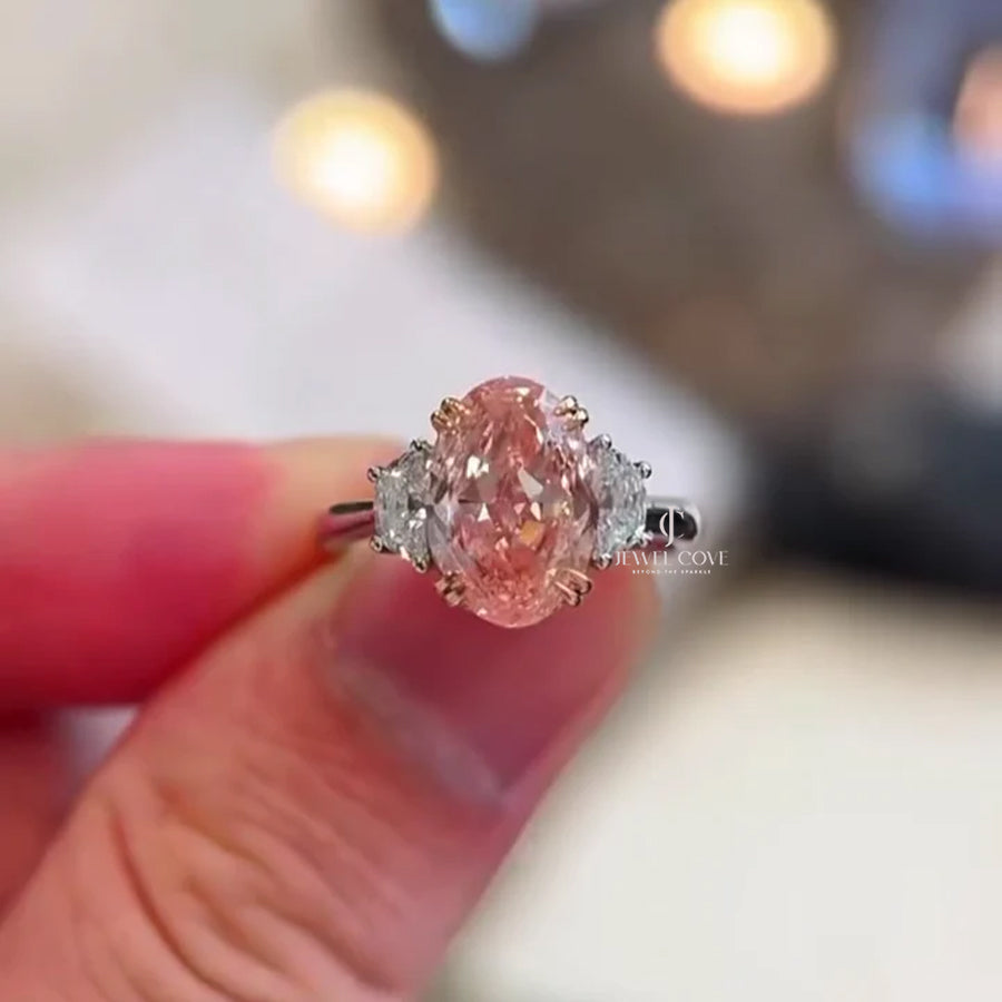 Oval Fancy Pink 3.00tcw Moissanite Diamond Two Tone Three Stone Engagement Ring, VS Clarity