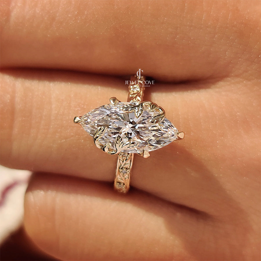 Nature Inspired Marquise Engagement Ring with Leaf and Floral Design | Lab Grown Diamonds | IGI Certified