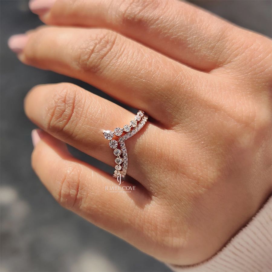 Round Cut Stackable Wedding Band In Double Row Chevron Style | Lab Grown Diamonds | IGI Certified | E-F Color