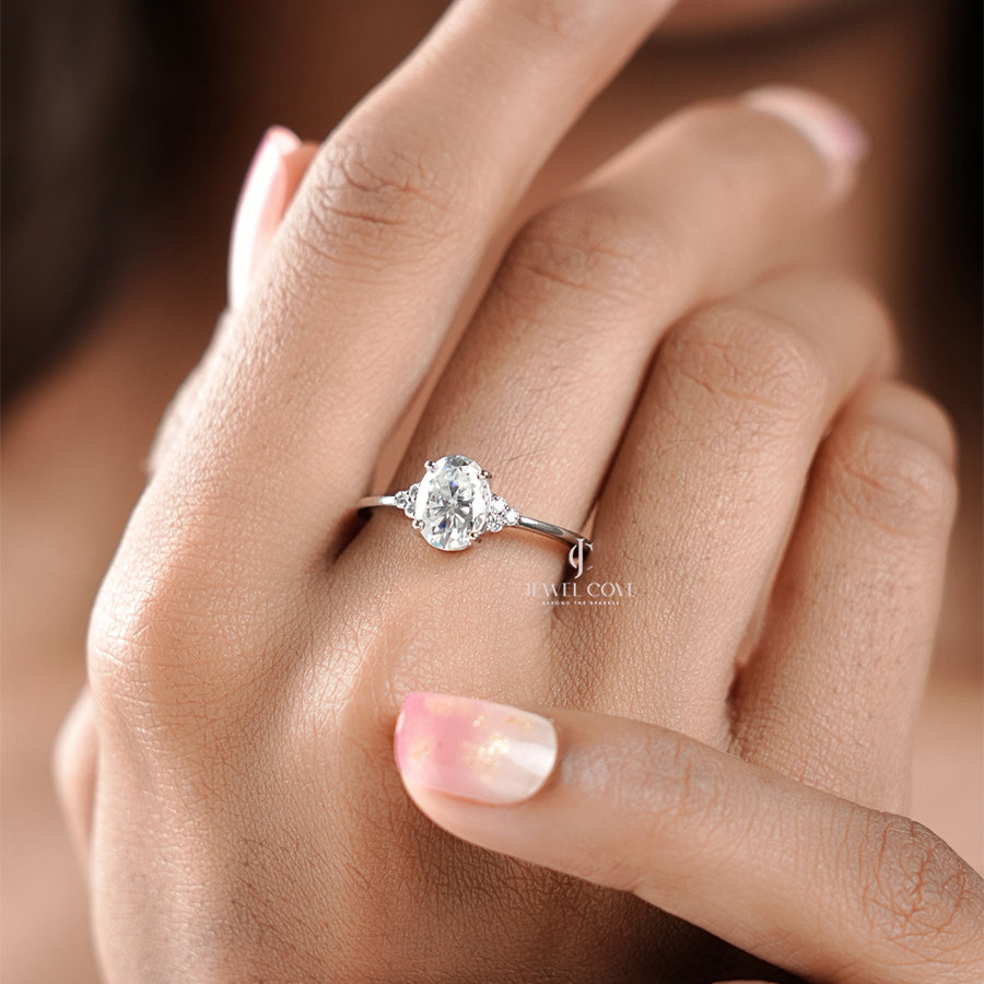 Oval Cut with Side Round Diamond Daily Wear Ring | Lab Grown Diamonds | IGI Certified