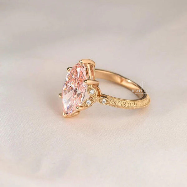 Fancy Pink Marquise 3.10tcw Lab Grown Diamond Vintage Engagement Ring | IGI Certified