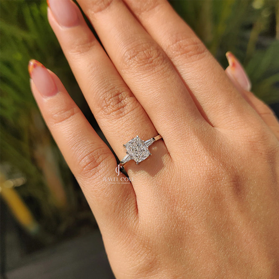3 Stone Lab Grown Engagement Ring With Cushion And Tapered Baguette | IGI Certified