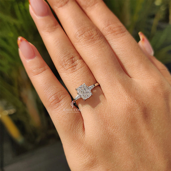3 Stone Moissanite Engagement Ring With Cushion And Tapered Baguette | IGI Certified - hover