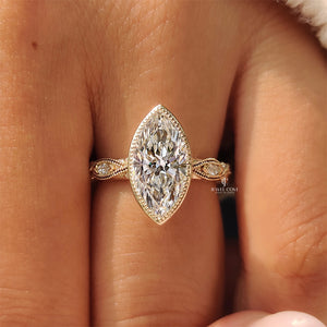 18K Vintage Marquise Diamond Bezel Set Engagement Ring with Pave Style | IGI Certified