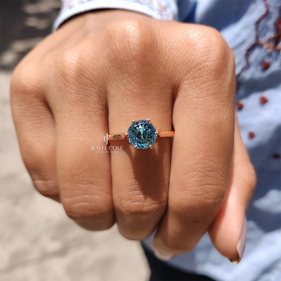 Cyan Blue Portuguese Cut Solitaire Engagement Ring | Moissanite Diamond | 6 prong Cathedral Ring