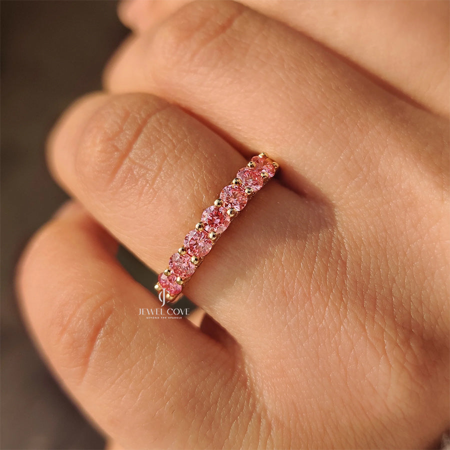 Pink Round lab Grown Diamond Wedding Band in Half Eternity Style | IGI Certificate
