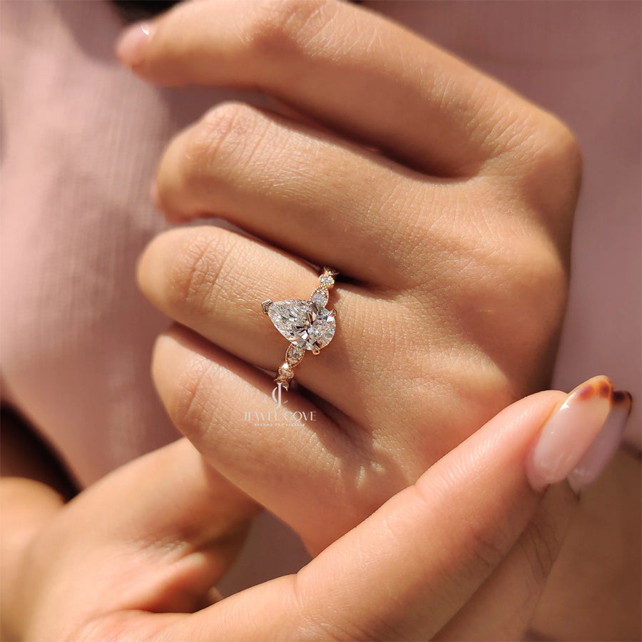 Pear Moissanite Diamond Vintage Ring With Round Side Stone | IGI Certified
