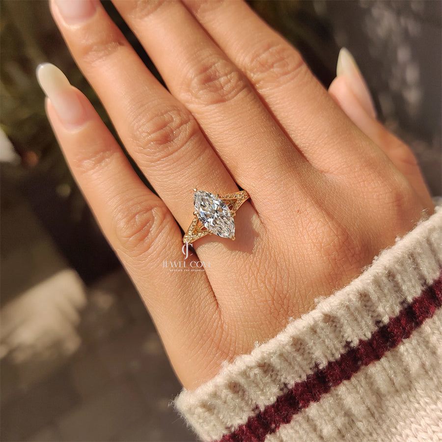 Marquise Cut Vintage Diamond Ring with Filigree Details | Lab Grown Diamonds | IGI Certified