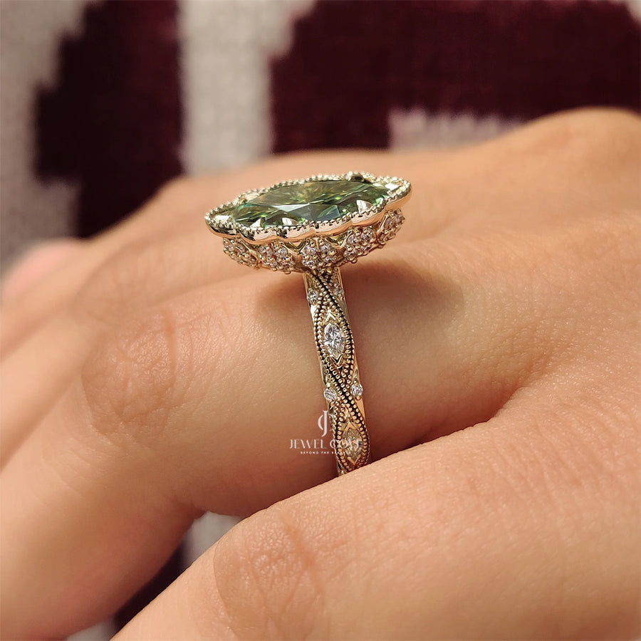 14K Vintage Green Marquise with Round Hidden Halo Flower Crown | Lab Grown Diamonds | IGI Certified