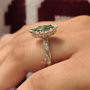 14K Vintage Green Marquise with Round Hidden Halo Flower Crown | Lab Grown Diamonds | IGI Certified
