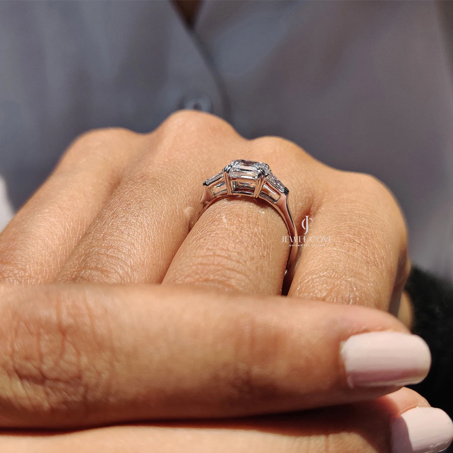 3 Stone Engagement Ring With Asscher and Baguette | Moissanite Diamonds | GRA Certified