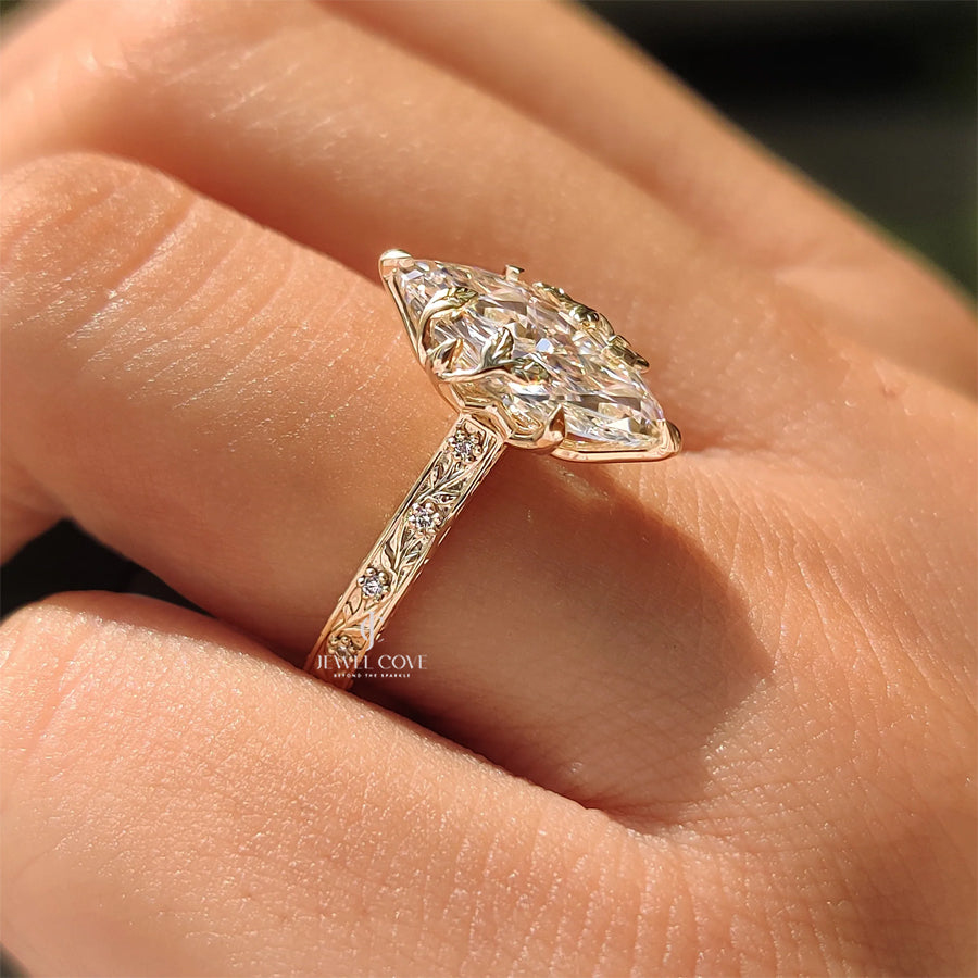 Nature Inspired Marquise Engagement Ring with Leaf and Floral Design | Lab Grown Diamonds | IGI Certified