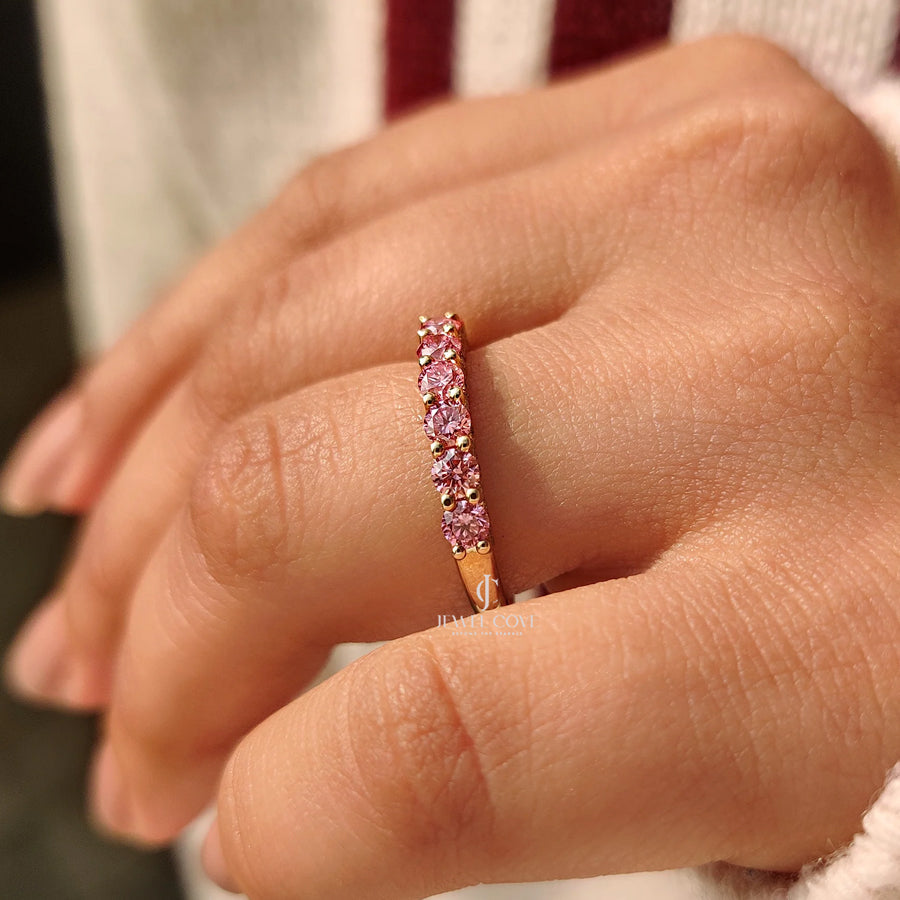Pink Round lab Grown Diamond Wedding Band in Half Eternity Style | IGI Certificate