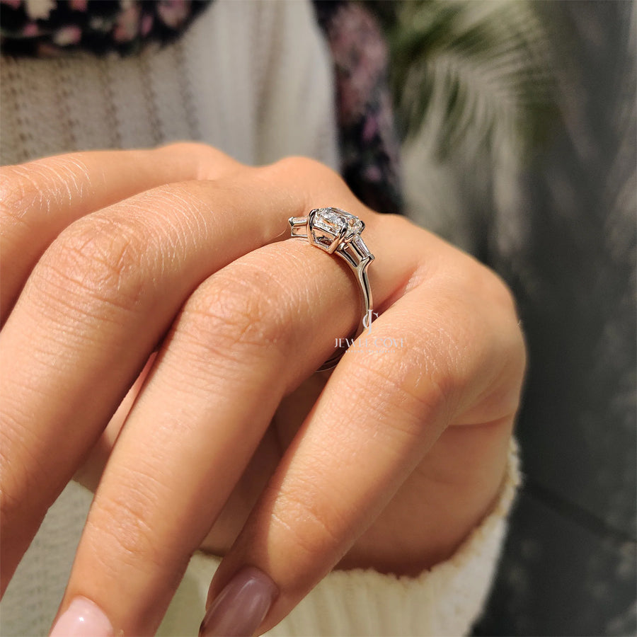 3 Stone Lab Grown Engagement Ring With Cushion And Tapered Baguette | IGI Certified