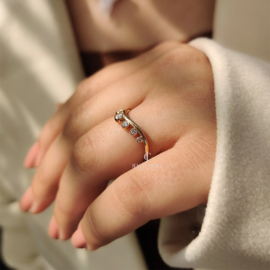 Bezel Set Curved Gold Wedding Band | Moissanite Diamonds | IGI Certified | E-F Color