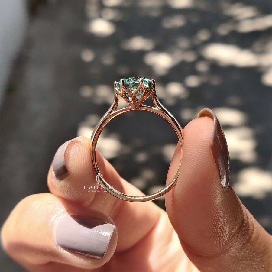 Cyan Blue Portuguese Cut Solitaire Engagement Ring | Moissanite Diamond | 6 prong Cathedral Ring