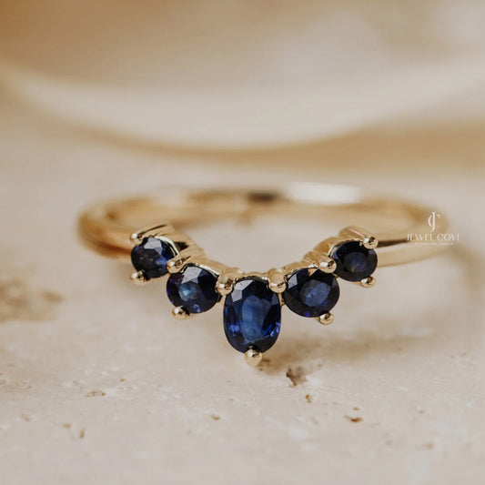 Blue Sapphire Delicate Band With Oval and Round Diamond | IGI Certified | Moissanite
