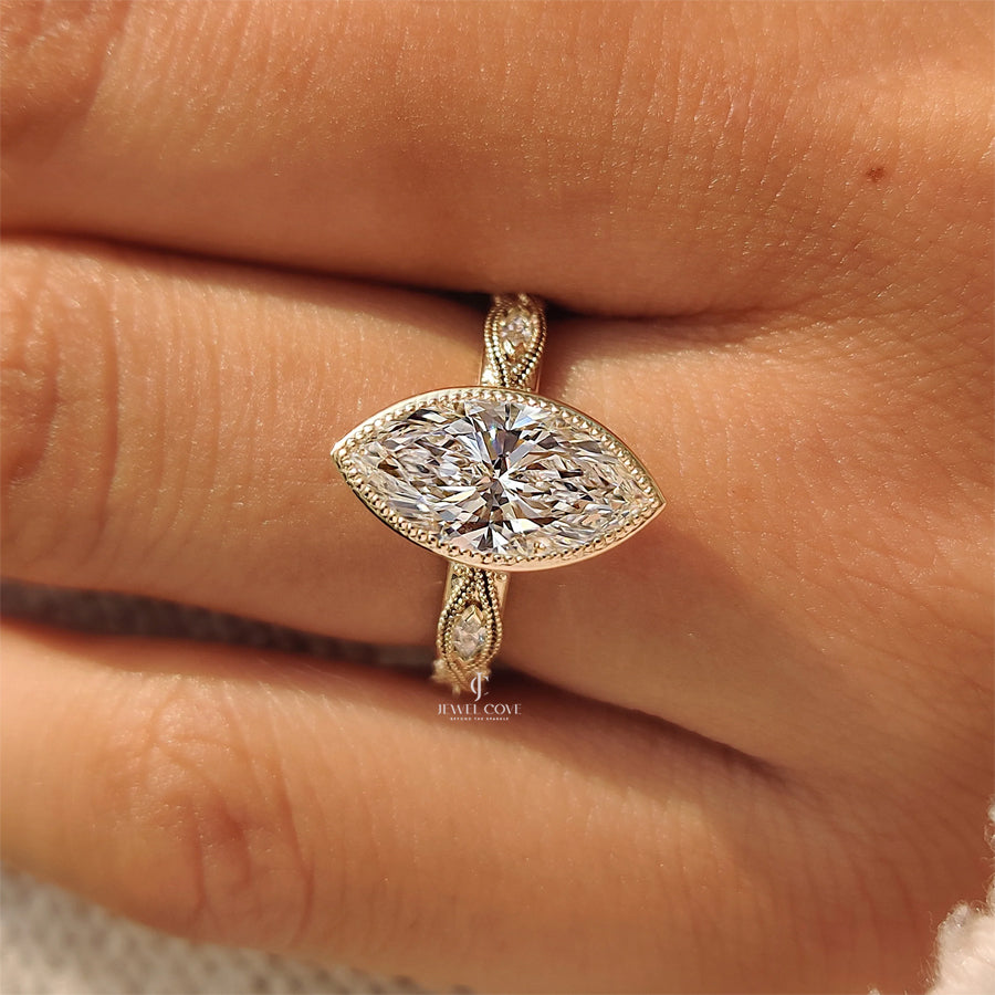 18K Vintage Marquise Diamond Bezel Set Engagement Ring with Pave Style | IGI Certified