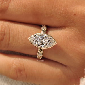 18K Vintage Marquise Diamond Bezel Set Engagement Ring with Pave Style | IGI Certified