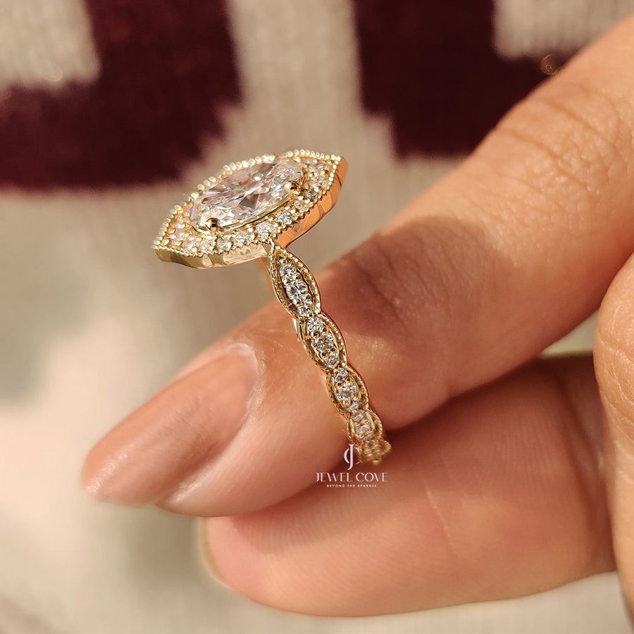 Vintage Oval Cut Diamond Ring in Milgrain Setting | Lab Grown Diamonds | IGI Certified