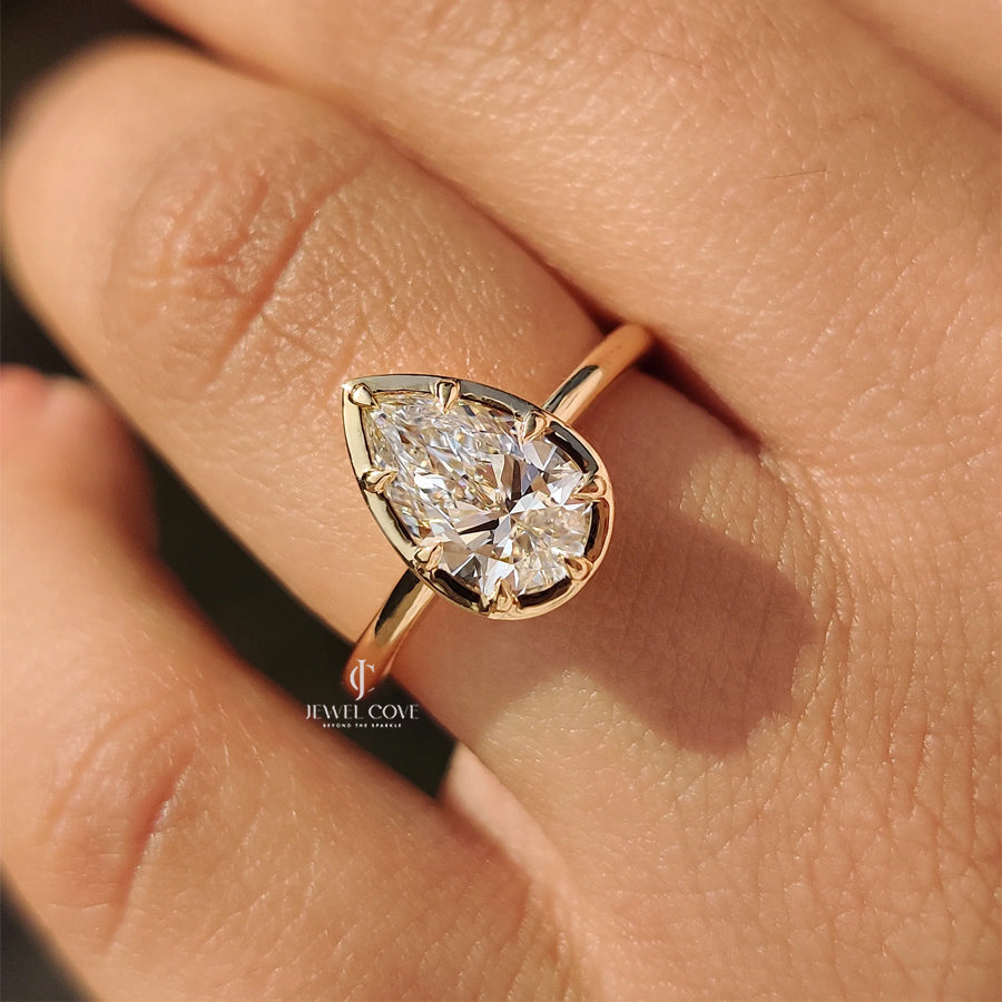 Pear Cut Diamond Ring in Bezel Type Prong Setting | Lab Grown Diamonds | IGI Certified | E-F Color