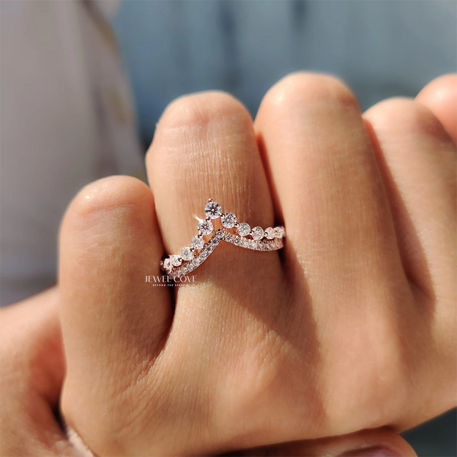 Round Cut Stackable Wedding Band In Double Row Chevron Style | Lab Grown Diamonds | IGI Certified | E-F Color