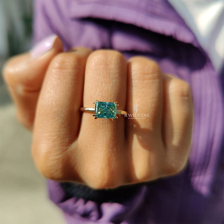 East- West Radiant Blue Lab Grown Engagement Ring Solitaire Style | IGI Certified | 14K White Gold