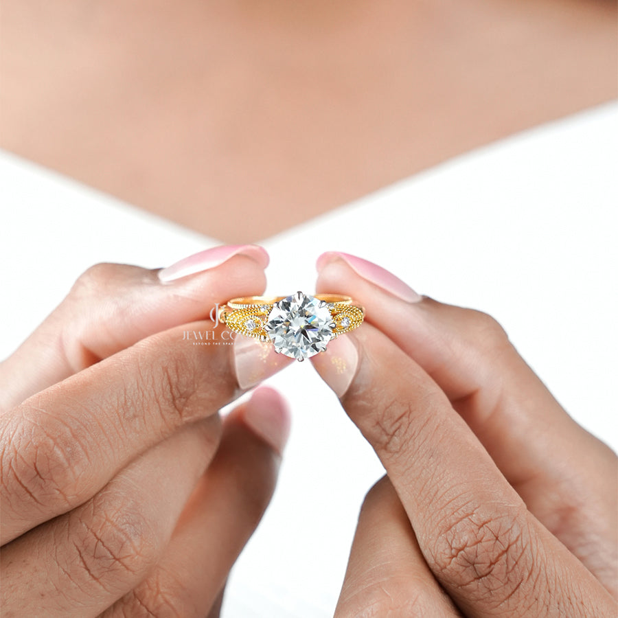 2.5CT Round Vintage Style Diamond Yellow Gold Ring | Lab Grown Diamonds | IGI Certified | VVS-VS Clarity