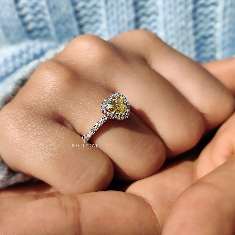 14K Halo Set Canary Yellow Heart Cut lab Grown Engagement Ring | Bezel Setting | IGI Certified
