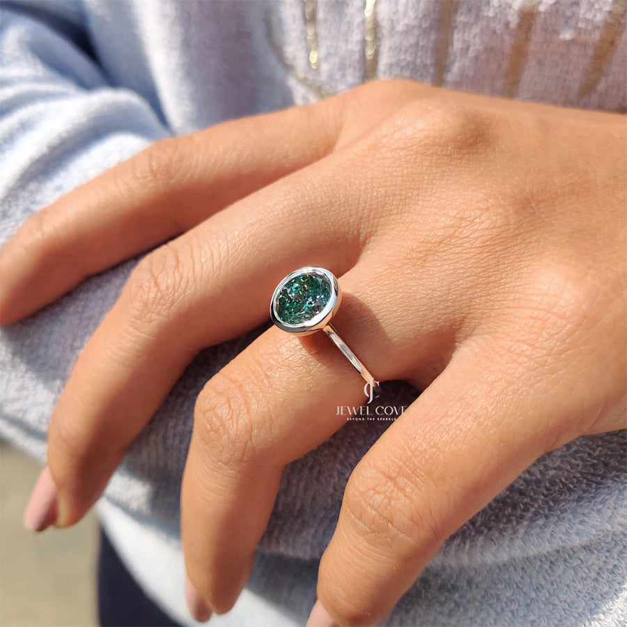 Portuguese Cut Engagement Ring In Bezel Setting | Moissanite Diamond | Cyan Blue solitaire ring | IGI Certified
