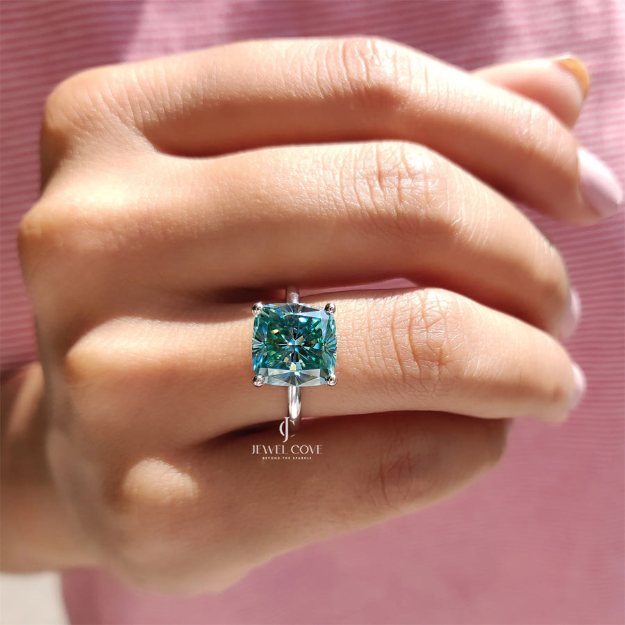 Cyan Blue Cushion Cut Lab Grown Solitaire Ring | IGI Certified | 14K White Gold | Solitaire Ring For Women