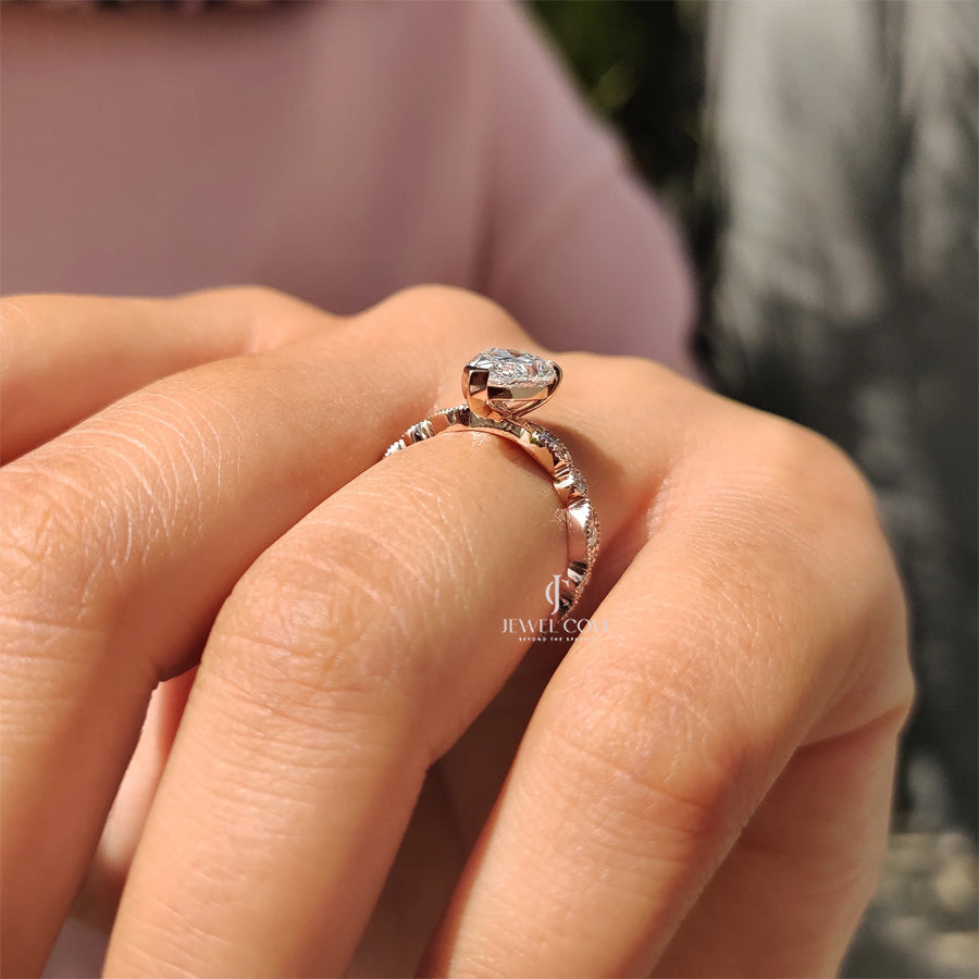 Pear Moissanite Diamond Vintage Ring With Round Side Stone | IGI Certified