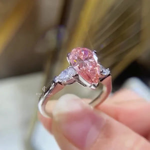 Pear Shape 2.60tcw Fancy Pink Moissanite Diamond Engagement Ring | Three Stone Ring | 2.50ct Center | IGI Certificate