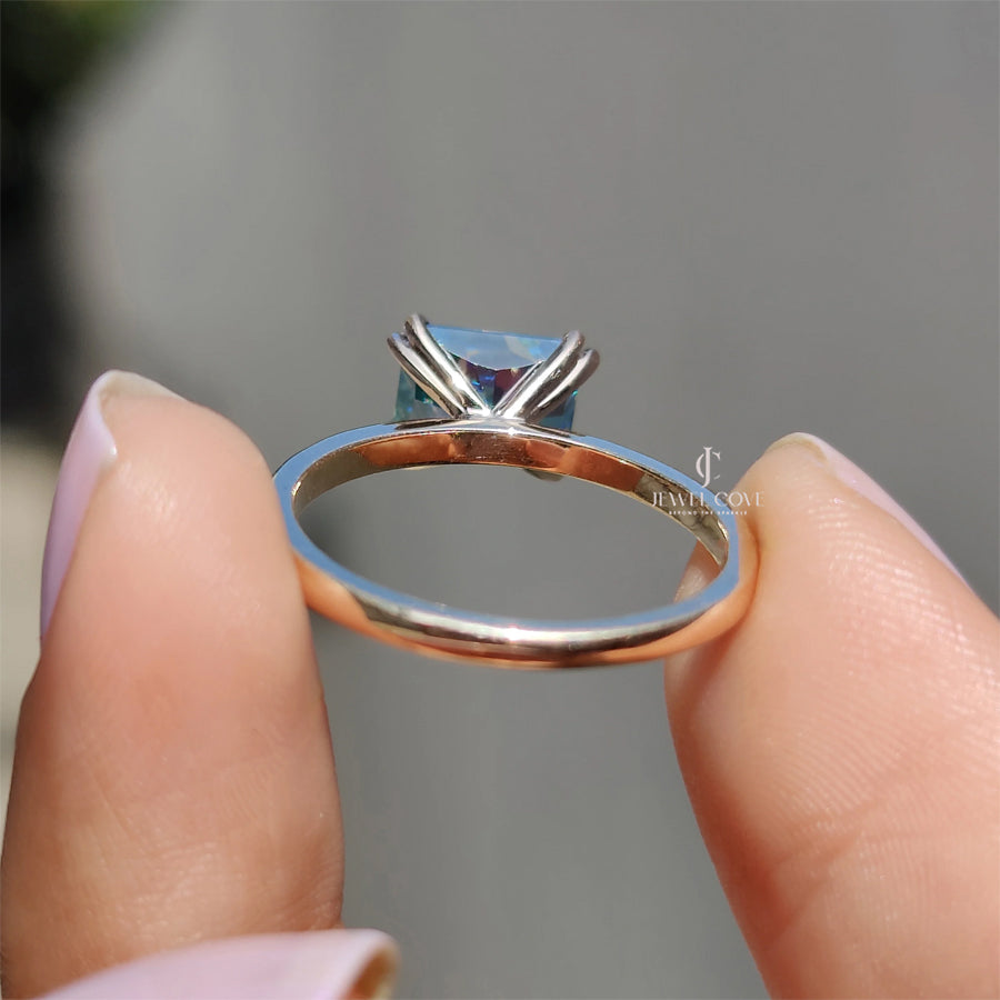 East- West Radiant Blue Lab Grown Engagement Ring Solitaire Style | IGI Certified | 14K White Gold