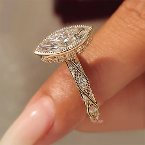 18K Vintage Marquise Diamond Bezel Set Engagement Ring with Pave Style | IGI Certified