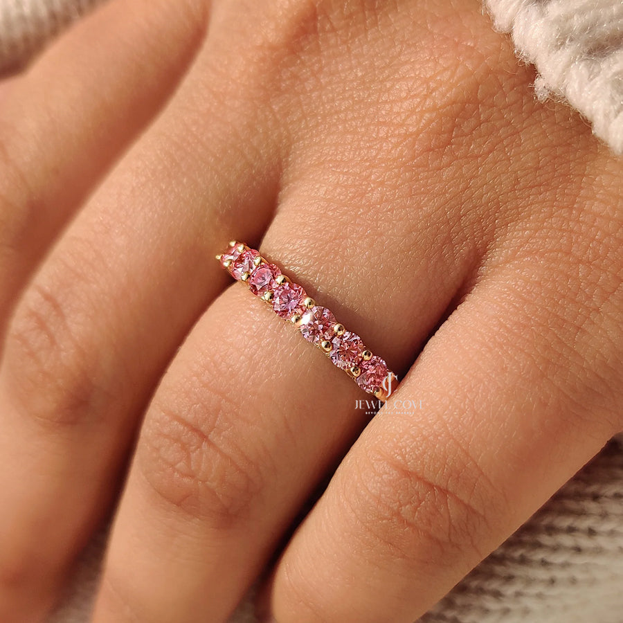 Pink Round lab Grown Diamond Wedding Band in Half Eternity Style | IGI Certificate