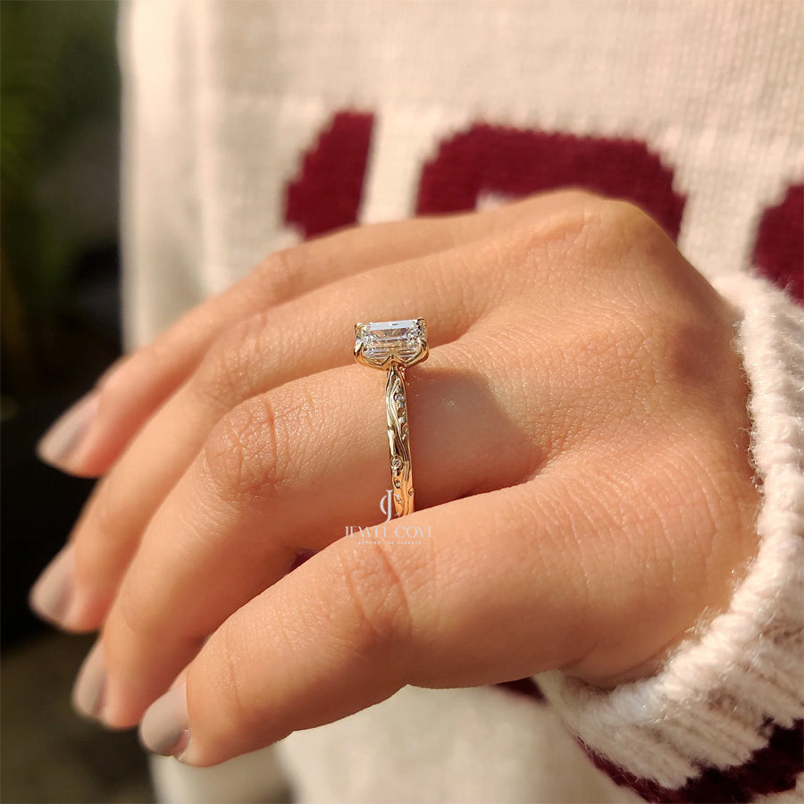 1CT Emerald Nature Inspired Diamond Ring | Lab Grown Diamonds | IGI Certified