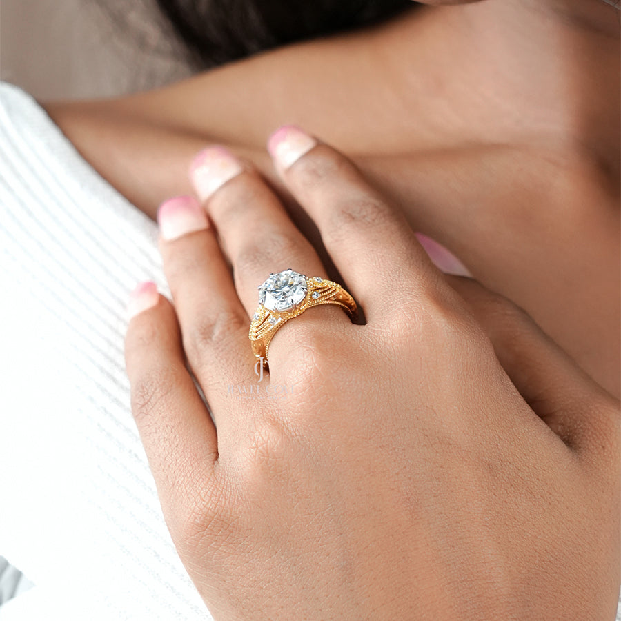 2.5CT Round Vintage Style Diamond Yellow Gold Ring | Moissanite Diamonds | GRA Certified | VVS-VS Clarity