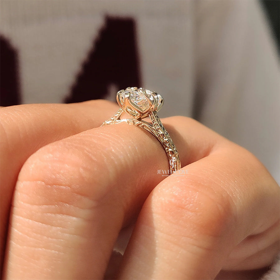 Nature Inspired Marquise Engagement Ring with Leaf and Floral Design | Lab Grown Diamonds | IGI Certified