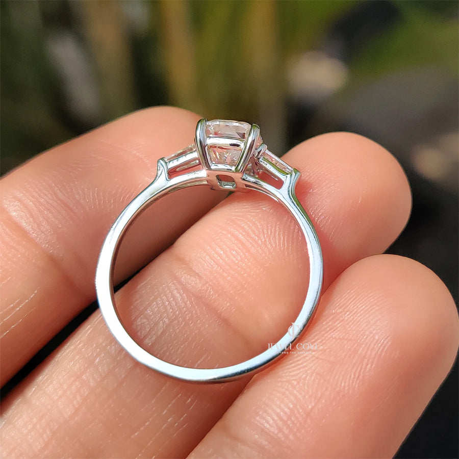 3 Stone Moissanite Engagement Ring With Cushion And Tapered Baguette | IGI Certified